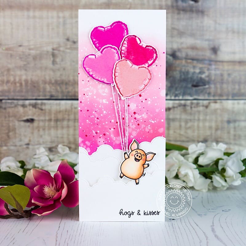 Sunny Studio Pig Floating with Heart Balloons Slimline Valentine's Day Card (using Hogs & Kisses 3x4 Clear Stamps)