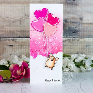 Sunny Studio Hogs & Kisses Pig Floating with Heart Balloons Slimline Valentine's Day Card (using Bold Balloons Clear Layering Stamps)