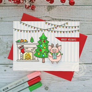 Sunny Studio Hoggy Holiday Punny Pig with Christmas Tree & Fireplace Card (using Hogs & Kisses 3x4 Clear Stamps)