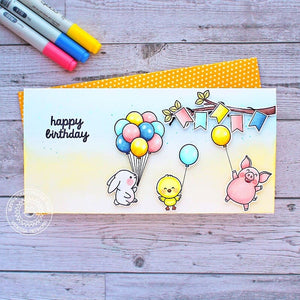 Sunny Studio Pig, Bunny & Chick Birthday Party with Banner & Balloons Slimline Card (using Hogs & Kisses 3x4 Clear Stamps)