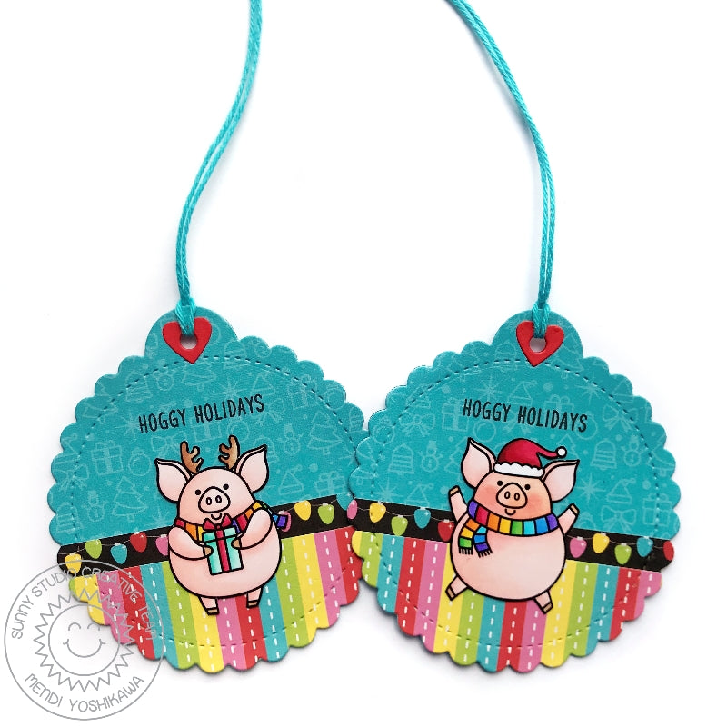 Sunny Studio Stamps Hoggy Holidays Pig Stitched Scalloped Circle Gift Tags using Very Merry Christmas Paper Pack