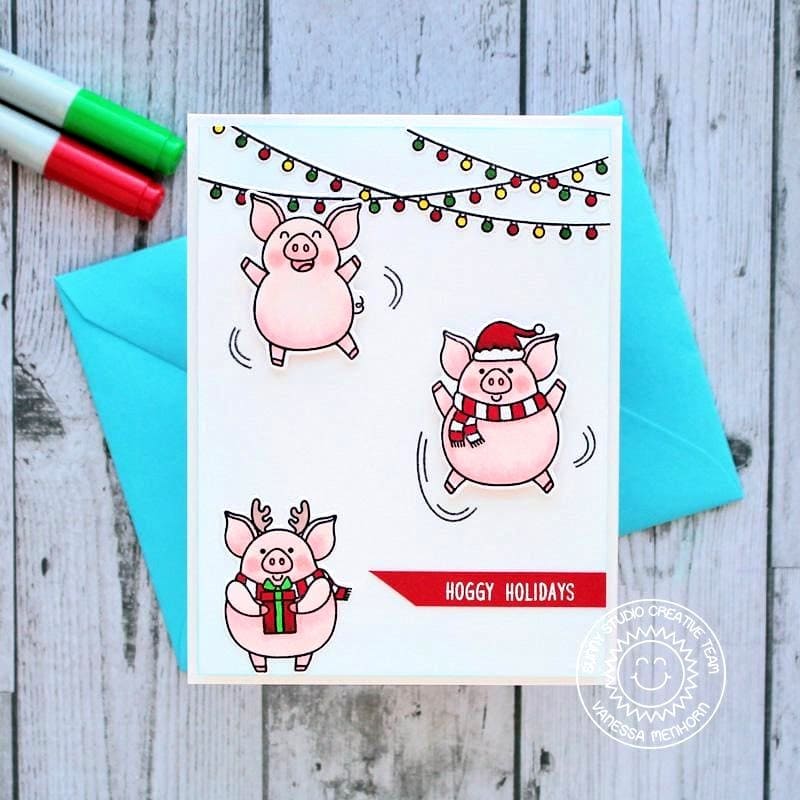 Sunny Studio Hoggy Holiday Punny Jumping Pigs Christmas Card (using Hogs & Kisses 3x4 Clear Stamps)