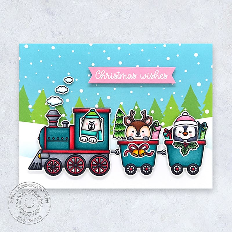 Sunny Studio Christmas Wishes Polar Bear, Reindeer & Penguin Riding Train Card (using Holiday Express 4x6 Clear Stamps)