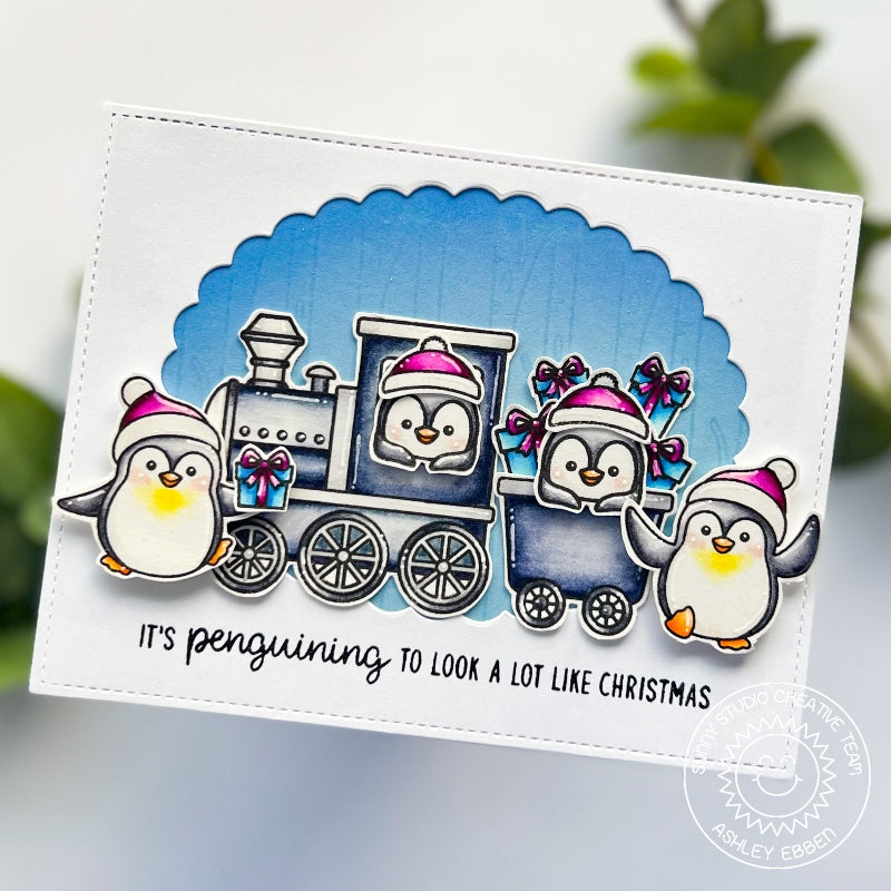 Sunny Studio It's Penguining To Look A Lot Like Christmas Punny Penguins on Train Card (using Holiday Express 4x6 Clear Stamps)