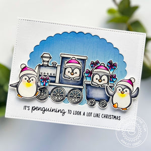 Sunny Studio Stamps It's Penguining To Look A Lot Like Christmas Punny Penguins on Train Card using Scalloped Oval Mat 1 Die