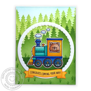 Sunny Studio Bear Riding Train "Congrats Coming Your Way" Handmade Card (using Holiday Express 4x6 Clear Stamps)