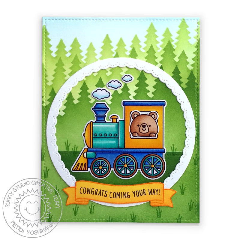 Sunny Studio Stamps Bear Riding Train "Congrats Coming Your Way" Handmade Card (using Forest Trees 6x6 3-pack Stencils)