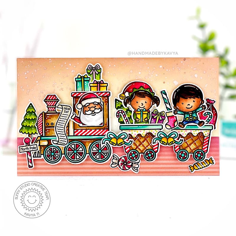 Sunny Studio Santa & Elves Riding Candy Themed Train Holiday Christmas Card (using Candy Shoppe 4x6 Clear Stamps)