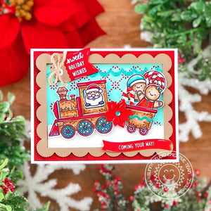 Sunny Studio Santa Claus on Gingerbread Christmas Train Scalloped Card (using Holiday Express 4x6 Clear Stamps)