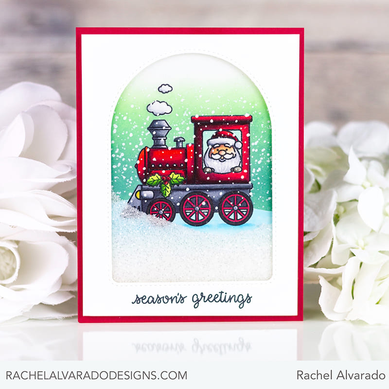 Sunny Studio Santa Claus Riding Christmas Train Snow Glitter Shaker Card (using Holiday Express 4x6 Clear Stamps)