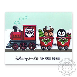 Sunny Studio Holiday Smiles Across The Miles Santa & Reindeer in Christmas Train Card (using Holiday Express 4x6 Clear Stamps)