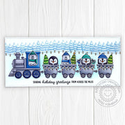 Sunny Studio Sending Holiday Greetings From Across The Miles Polar Bears & Penguins Slimline Train Card (using Holiday Express Clear Stamps)