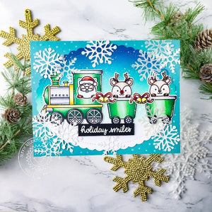 Sunny Studio Stamps Santa Claus & Reindeer in Snowy Train Winter Holiday Christmas Card (using Lacy Snowflake Dies)