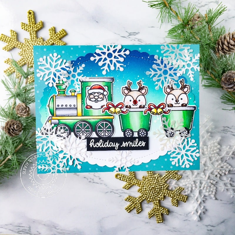 Sunny Studio Santa & Reindeer in Train Snowflake Christmas Card (using Holiday Express 4x6 Clear Stamps)