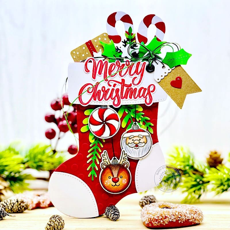 Sunny Studio Candy Canes, Holly & Ornaments Gift Card Holder Shaped Christmas Card (using Santa's Stocking Cutting Dies)