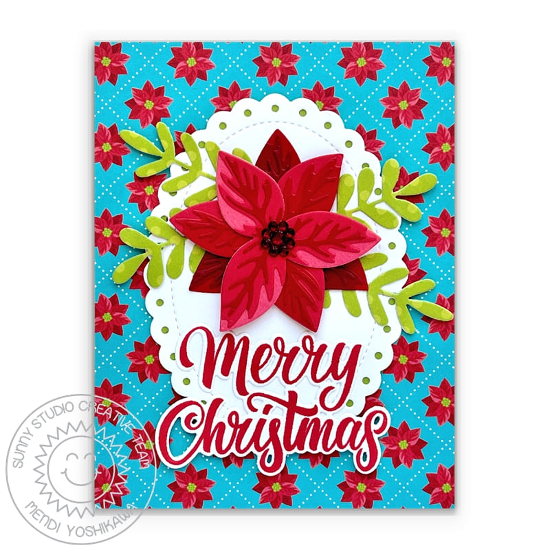Sunny Studio Blue Poinsettia Scalloped Oval Holiday Merry Christmas Cards Set (using Holiday Greetings Clear Sentiment Stamps)