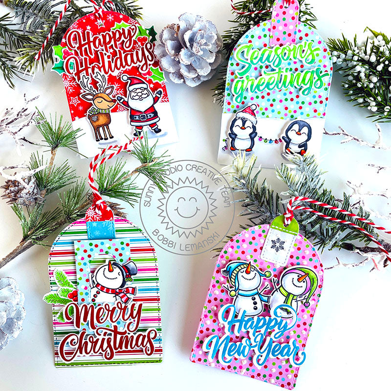 Sunny Studio Colorful Christmas Gift Tags with Large Script Greetings (using Holiday Greetings Clear Sentiment Stamps)