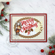 Sunny Studio Merry Christmas Reindeer & Pinecones Scalloped Cable Knit Embossed Card (using Holiday Greetings Clear Stamps)