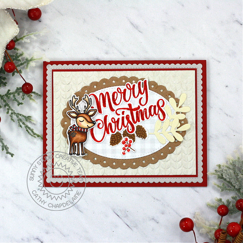Sunny Studio Merry Christmas Reindeer & Pinecones Scalloped Cable Knit Embossed Card (using Holiday Greetings Clear Stamps)