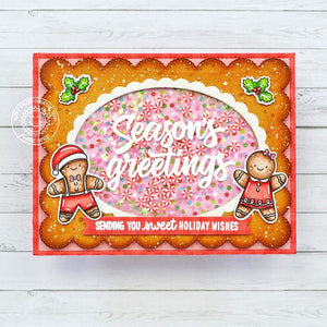 Sunny Studio Season's Greetings Gingerbread Girl & Boy Shaker Window Christmas Card using Scalloped Oval Mat 1 Cutting Dies