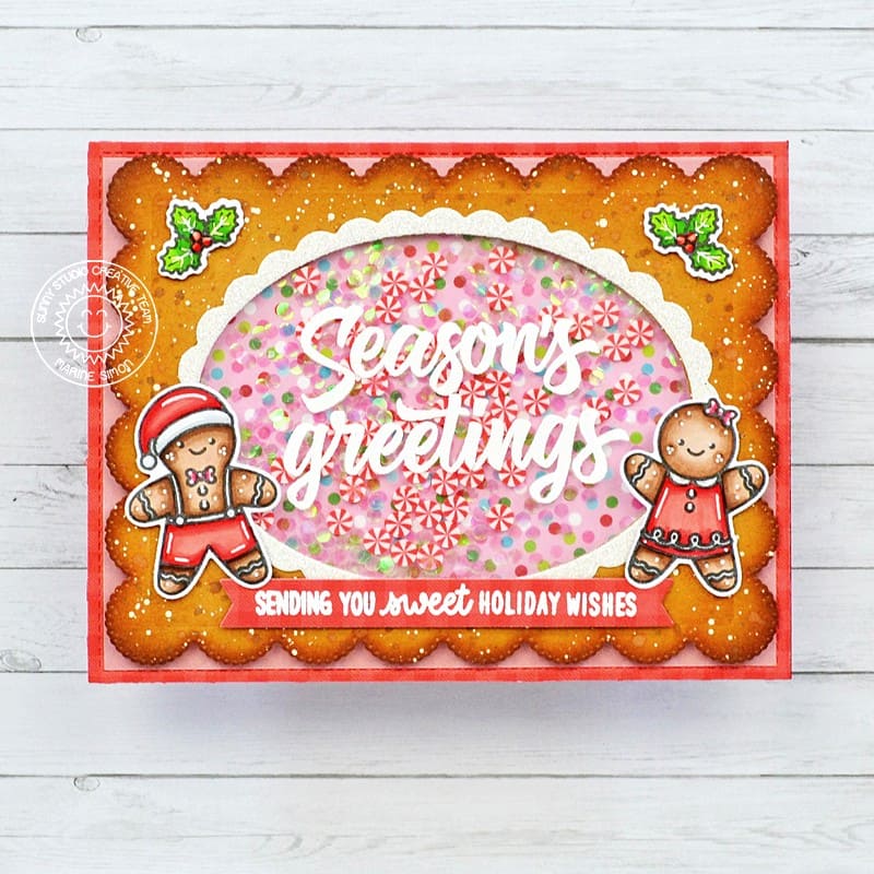 Sunny Studio Season's Greetings Gingerbread Girl & Boy Shaker Window Christmas Card (using Holiday Greetings Clear Stamps)