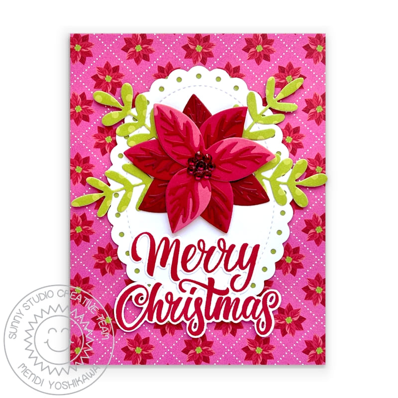 Sunny Studio Pink Poinsettia Scalloped Oval Holiday Merry Christmas Cards Set (using Holiday Greetings Clear Sentiment Stamps)