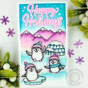Sunny Studio Penguins with Igloo, Ice Block & Purple Mountains Mini Slimline Christmas Card (using Holiday Greetings Clear Stamps)