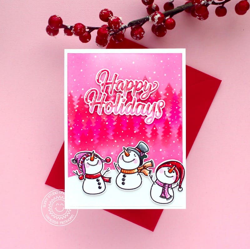Sunny Studio Happy Holidays Hot Pink & Red Snowmen Snowy Christmas Card (using Snowman Kisses 3x4 Clear Stamps)