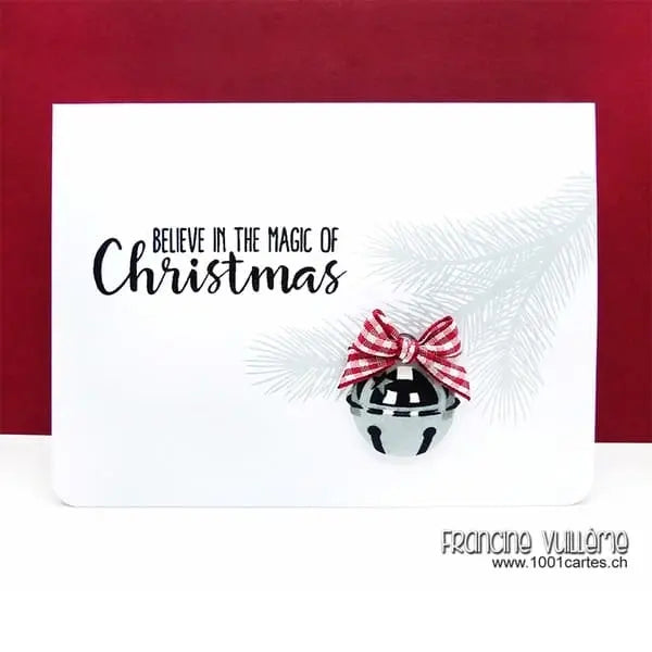 Sunny Studio Stamps Holiday Style Believe In The Magic of Christmas Layered Silver Jingle Bell with Red Gingham Bow Card