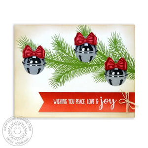 Sunny Studio Silver Jingle Bells Hanging From Tree Branch Christmas Card (using Holiday Style 4x6 Clear Layering Stamps)