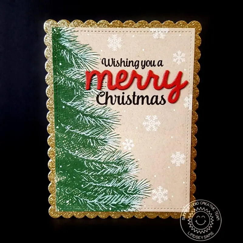Sunny Studio Wishing You a Merry Christmas Holiday Tree Kraft Card (using Merry Sentiments 3x4 Clear Stamps)