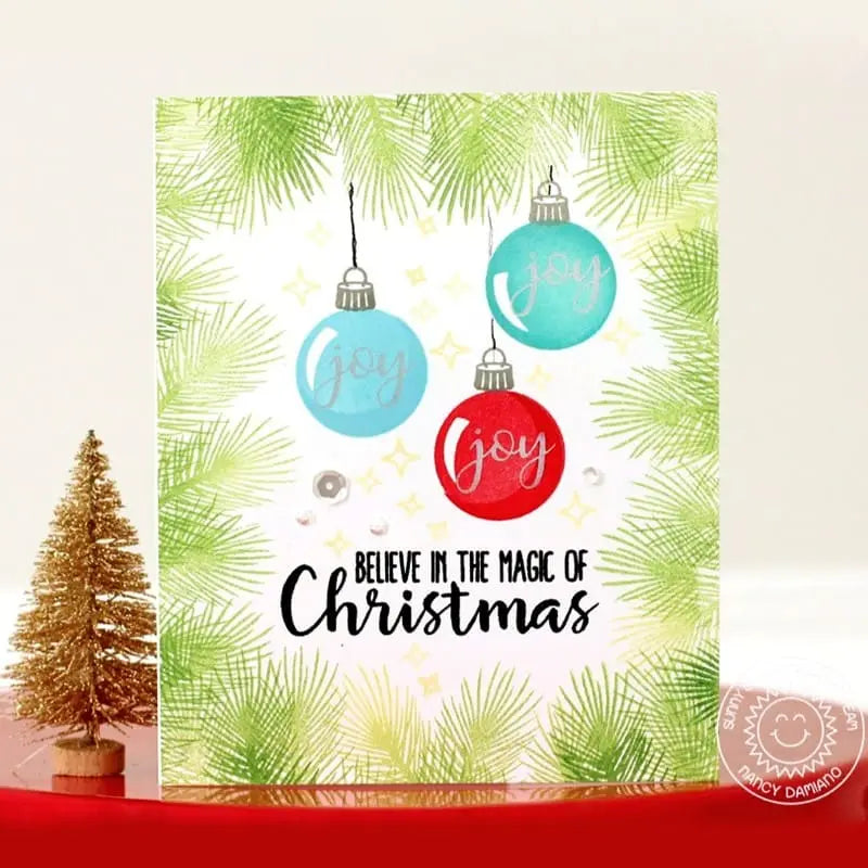 Sunny Studio Believe In The Magic of Christmas Joy Ornaments Christmas Card (using Holiday Style 4x6 Clear Layering Stamps)