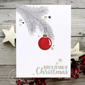 Sunny Studio CAS Clean & Simple Red, White & Silver Ornament Hanging From Branch Christmas Card (using Holiday Style 4x6 Clear Layering Stamps)