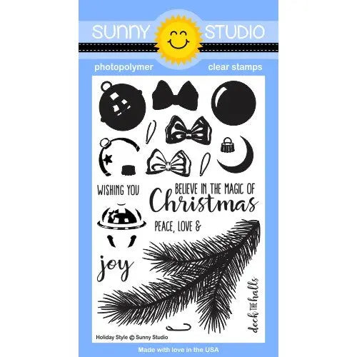 Sunny Studio Stamps Holiday Style 4x6 Christmas Tree Branch, Layering Jingle Bell, Ornament & Bow Photo-Polymer Clear Stamp Set