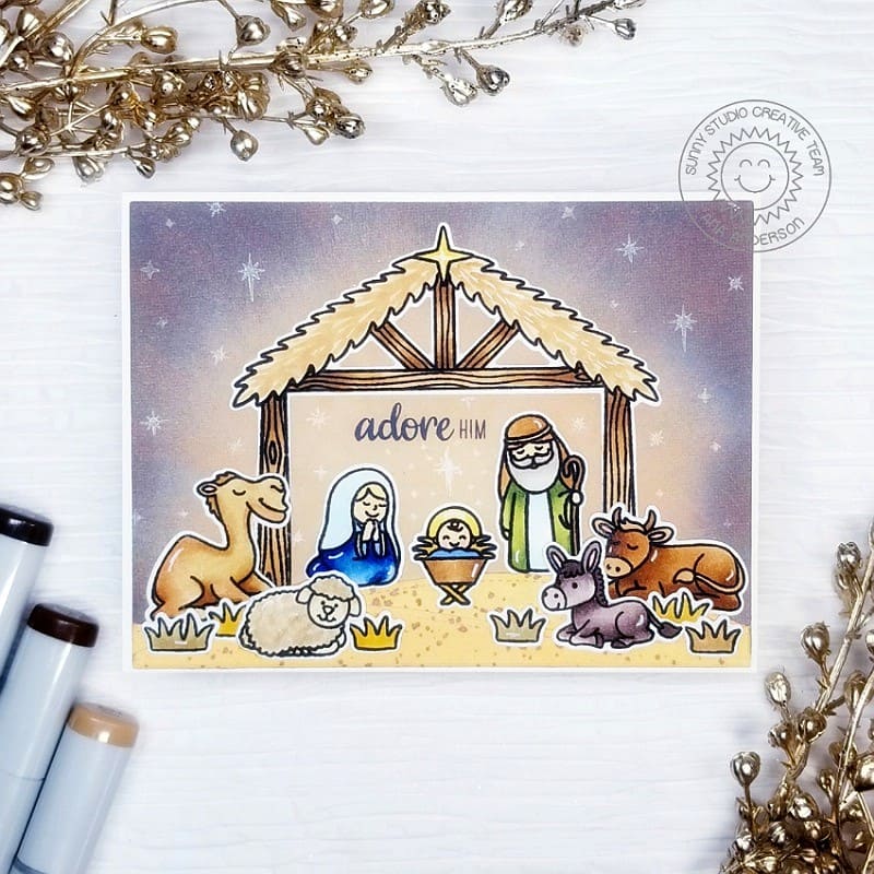 Sunny Studio Baby Jesus with Camel, Sheep, Donkey & Cattle Nativity Religious Christmas Card using Holy Night Clear Stamps