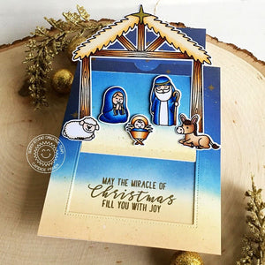 Sunny Studio May Miracle of Christmas Fill You With Joy Pop-up Nativity Card using Inside Greetings Christmas Clear Stamps