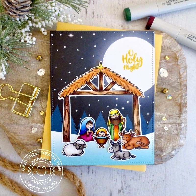 Sunny Studio O Holy Night Large Glowing Moon Nativity Religious Holiday Christmas Card (using Holy Night 4x6 Clear Stamps)
