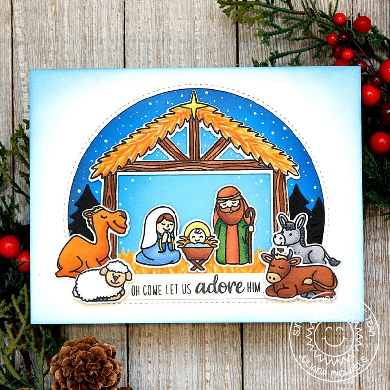 Sunny Studio Stamps Oh Come Let Us Adore You Nativity Religious Holiday Handmade Christmas Card using Holy Night Clear Stamps