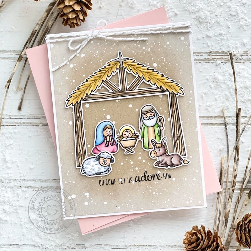 Sunny Studio Rustic CAS Religious Nativity with baby Jesus & Animals Holiday Christmas Card using Holy Night 4x6 Clear Stamps