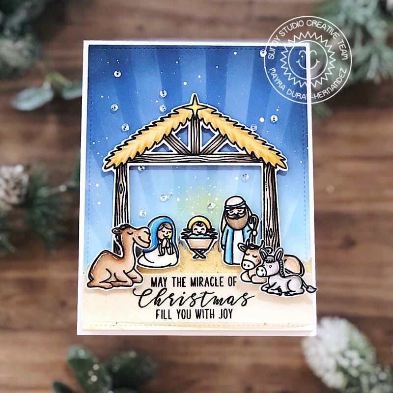 Sunny Studio May The Miracle of Christmas Fill You With Joy Nativity Religious Holiday Card using Holy Night 4x6 Clear Stamps