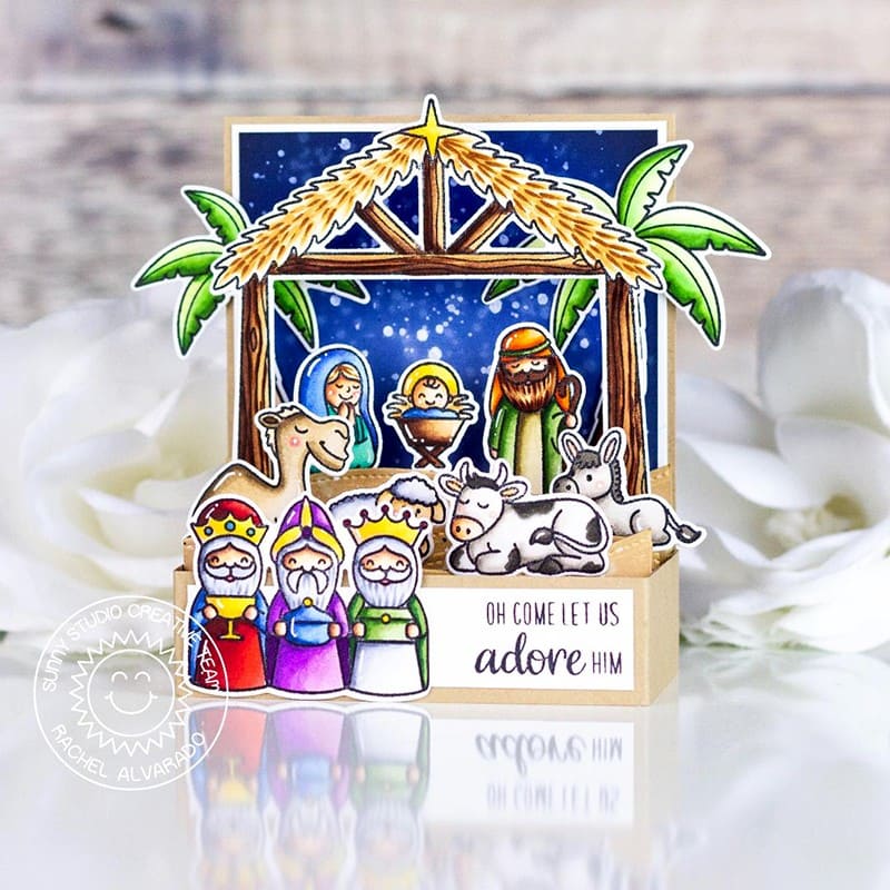 Sunny Studio Oh Come Let Us Adore Him Religious Nativity Holiday Christmas Pop-up Box Card using Holy Night 4x6 Clear Stamps