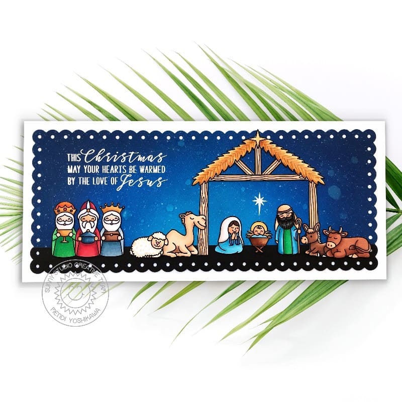 Sunny Studio Stamps Baby Jesus Nativity Slimline Handmade Holiday Card using Slimline Scalloped Frame Metal Cutting Dies