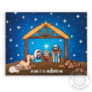 Sunny Studio Oh Come Let Us Adore Him Starry Night Slimline Religious Christmas Nativity Card using Holy Night Clear Stamps