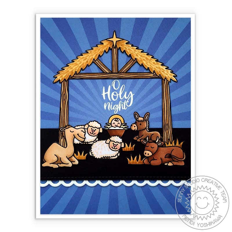 Sunny Studio Stamps Animals with Baby Jesus Sunburst Nativity Christmas Card using Slimline Basic Borders Metal Cutting Dies