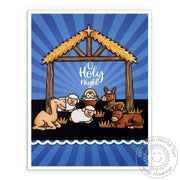 Sunny Studio Stamps Baby Jesus in the Stable with Animals Sunburst Nativity Scene Handmade Holiday Christmas Card (using Holy Night 4x6 Clear Photopolymer Stamp Set)