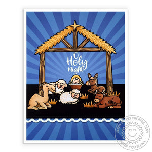 Sunny Studio Stamps O Holy Night Baby Jesus in the Stable with Barn Animals Blue Sun Ray Nativity Holiday Christmas Card (using Classic Sunburst 6x6 Double Sided Patterned Paper Pack)