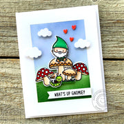 Sunny Studio What's Up Gnomie Sitting On Mushroom with Inch Worm Punny Card (using Home Sweet Gnome Clear Stamps)