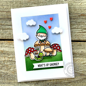 Sunny Studio What's Up Gnomie Sitting On Mushroom with Inch Worm Punny Card (using Home Sweet Gnome Clear Stamps)