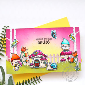 Sunny Studio Pink Summer Garden Gnomes with Mushroom House & Snail Card (using Home Sweet Gnome 4x6 Clear Stamps)