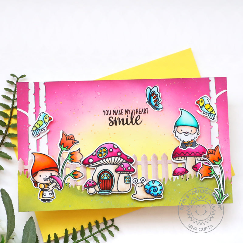 Sunny Studio Stamps Pink Summer Garden Gnomes with Mushroom House & Snail Card (using Picket Fence Border Cutting Die)